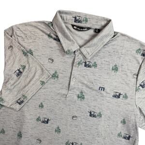 TravisMathew Men’s XL Gray Golf Cart Trees Camping Print Polo Shirt